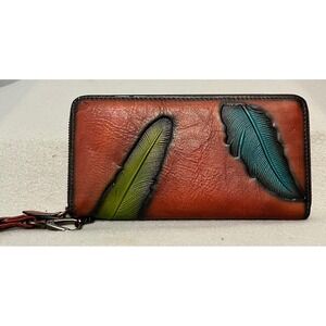 IVTG Leather Wallet Clutch Feather Embossed Zip Around Red Brown Teal Green‎